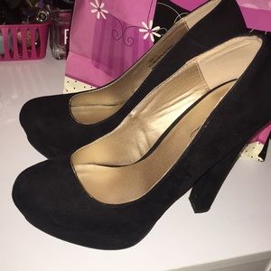 Black faux suede heels